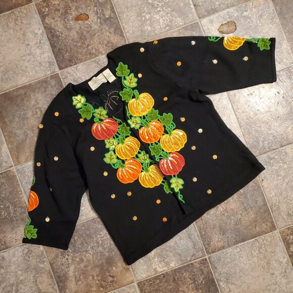 Vintage 90s Festive Pumpkin Embroidered 3/4 Sleeve Cardigan Sweater Halloween - Picture 12 of 12